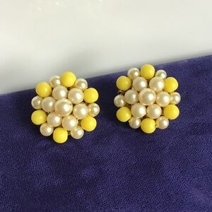 Vintage Mixed Pearl Bead Button Clip Earrings Bright Cheerful